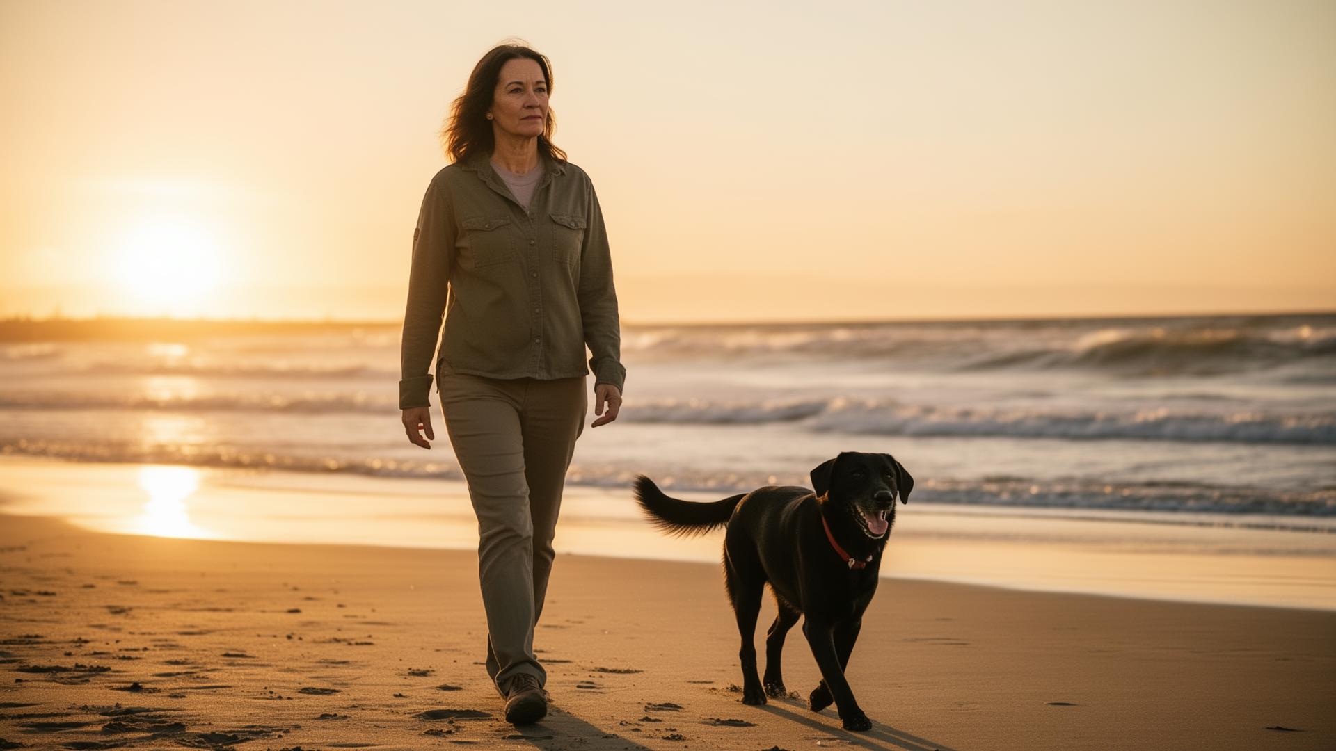 A woman veteran standing with her dog near the coast